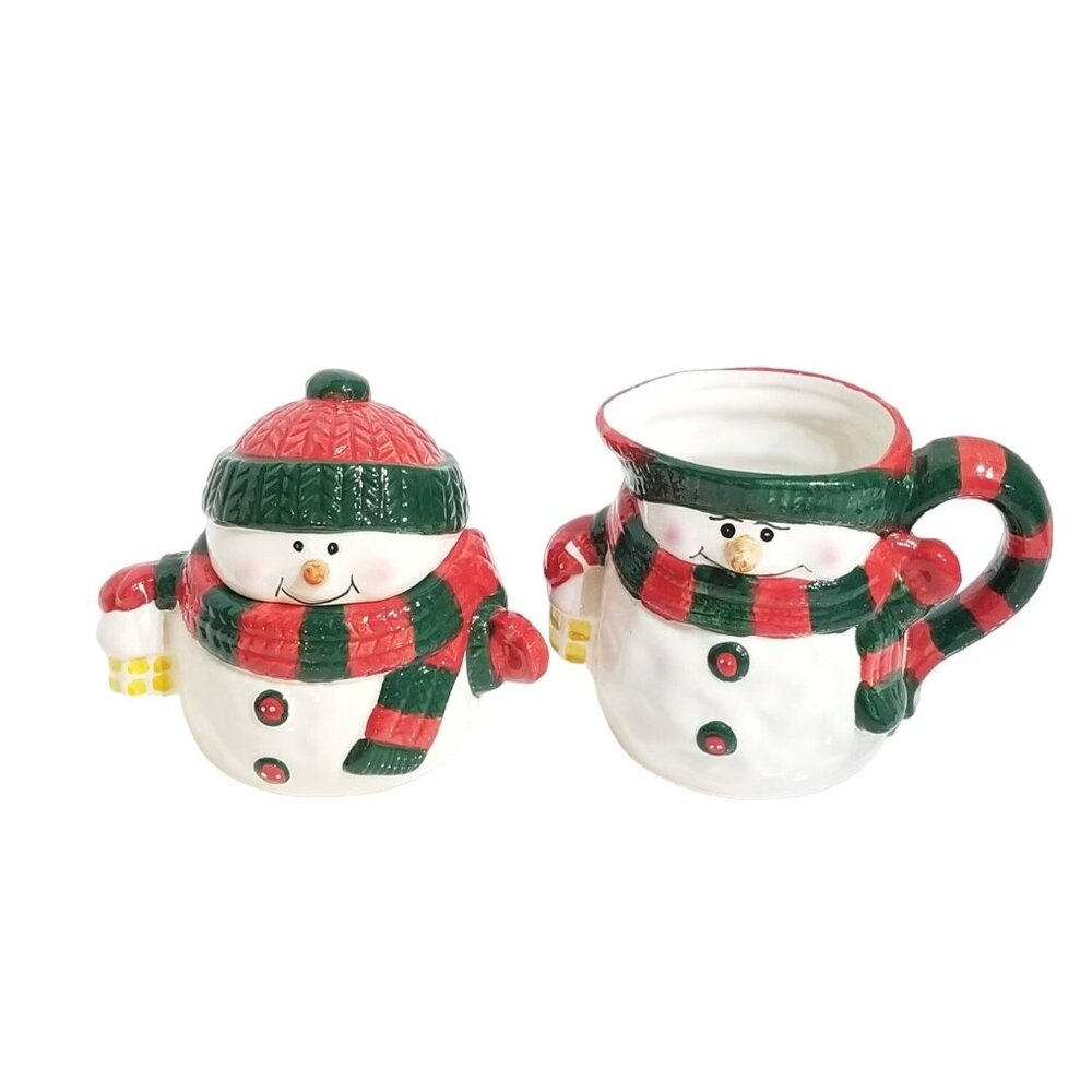 Ceramic Snowman Sugar and Creamer Set Red White Green Hand painted NIB